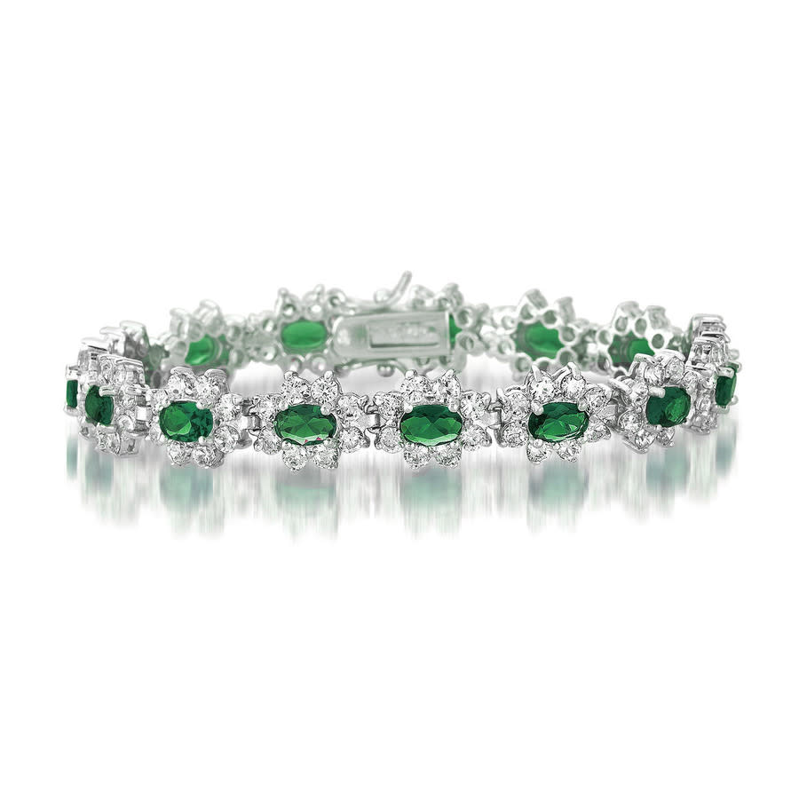 Megan Walford Classic Sterling Silver Oval Emerals And Round Clear Cubic Zirconia Flower Tennis Bracelet In Two-tone