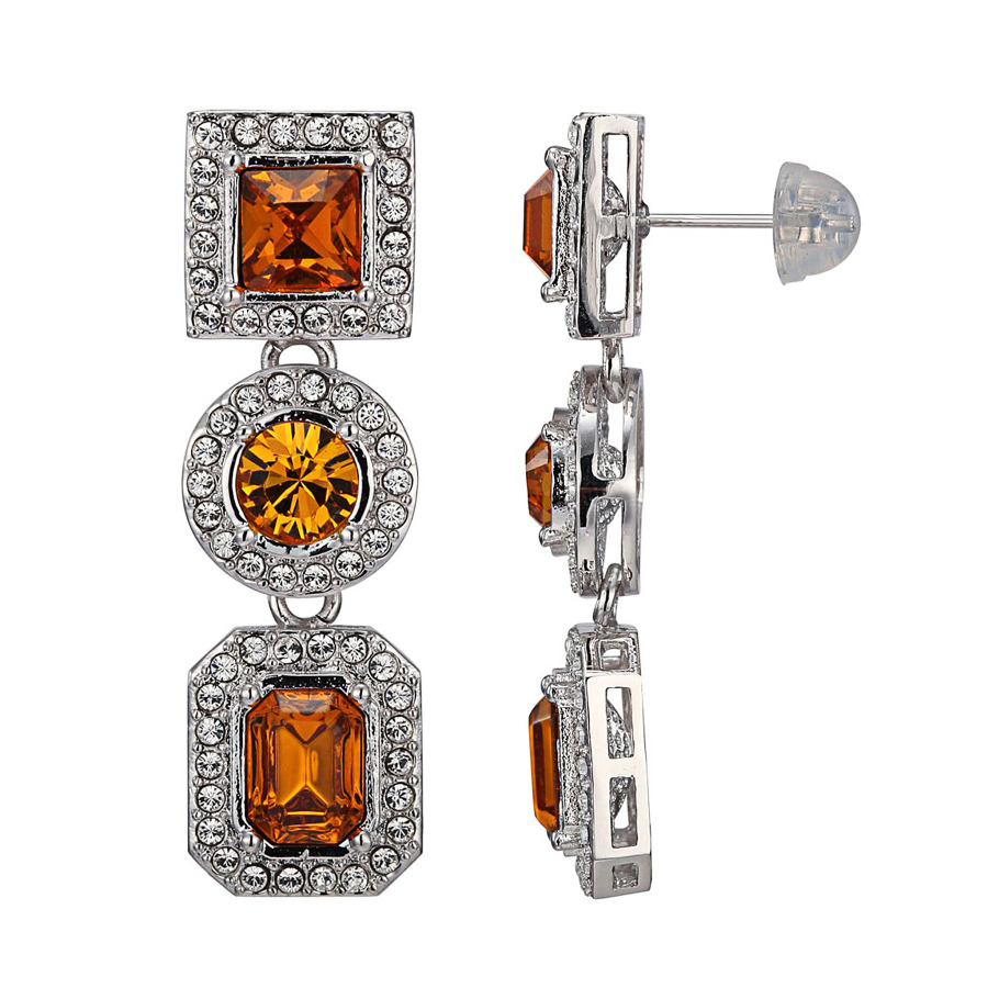 925 Couture Fine Silver And Rhodium Plated Bronze Swarovski Crystal Multi-shape Drop Stud Earrings In Brown,silver Tone