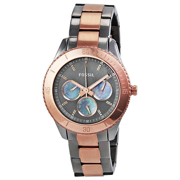 Fossil Stella Grey Chronograph Stainless Steel Ladies Watch Es3030 In Gold Tone,grey,gunmetal,pink,rose Gold Tone,two Tone