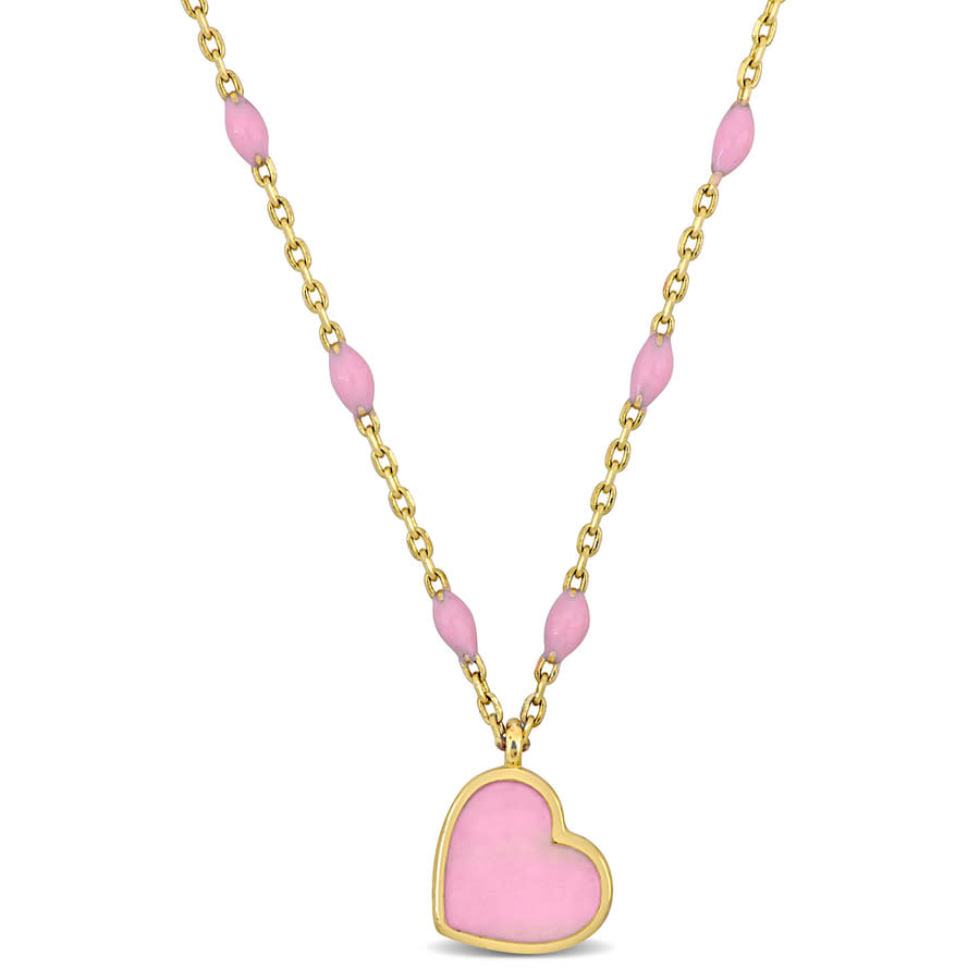 Amour Pink Enamel Heart Necklace In 14k Yellow Gold