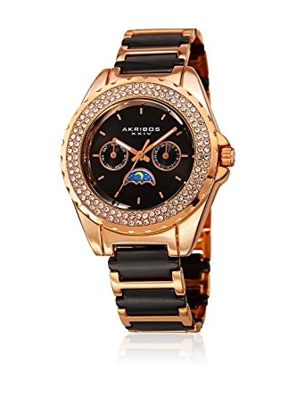 Akribos Xxiv Black Dial Rose Gold-tone And Ceramic Ladies Watch Ak961rgb In Black,gold Tone,pink,rose Gold Tone