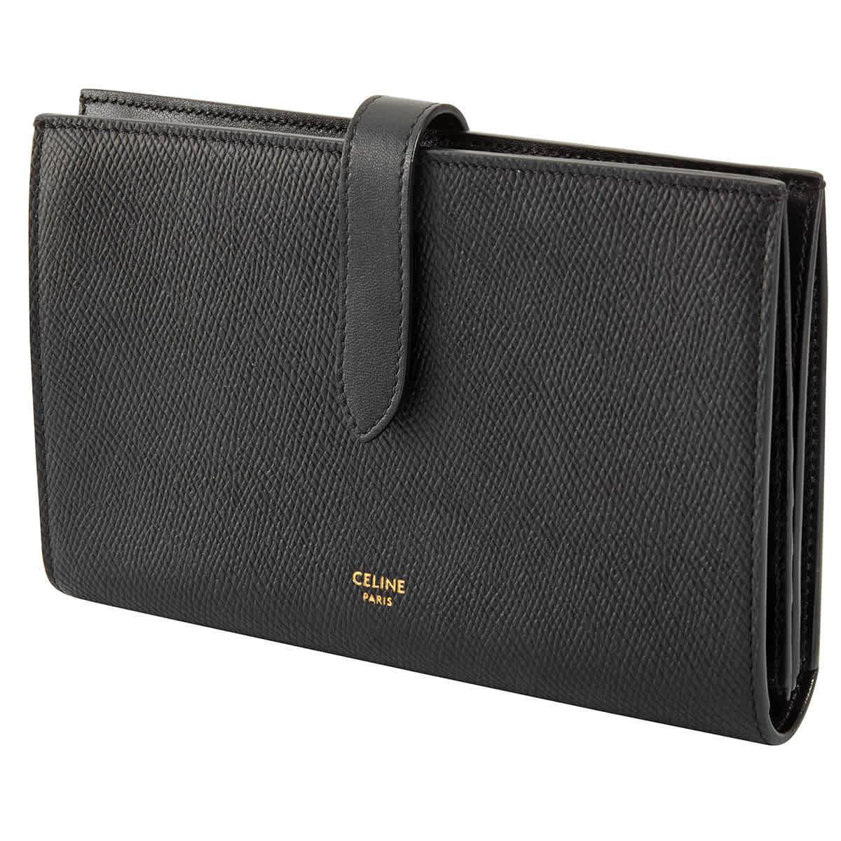 Celine Black Large Strap Wallet In Grained Calfskin