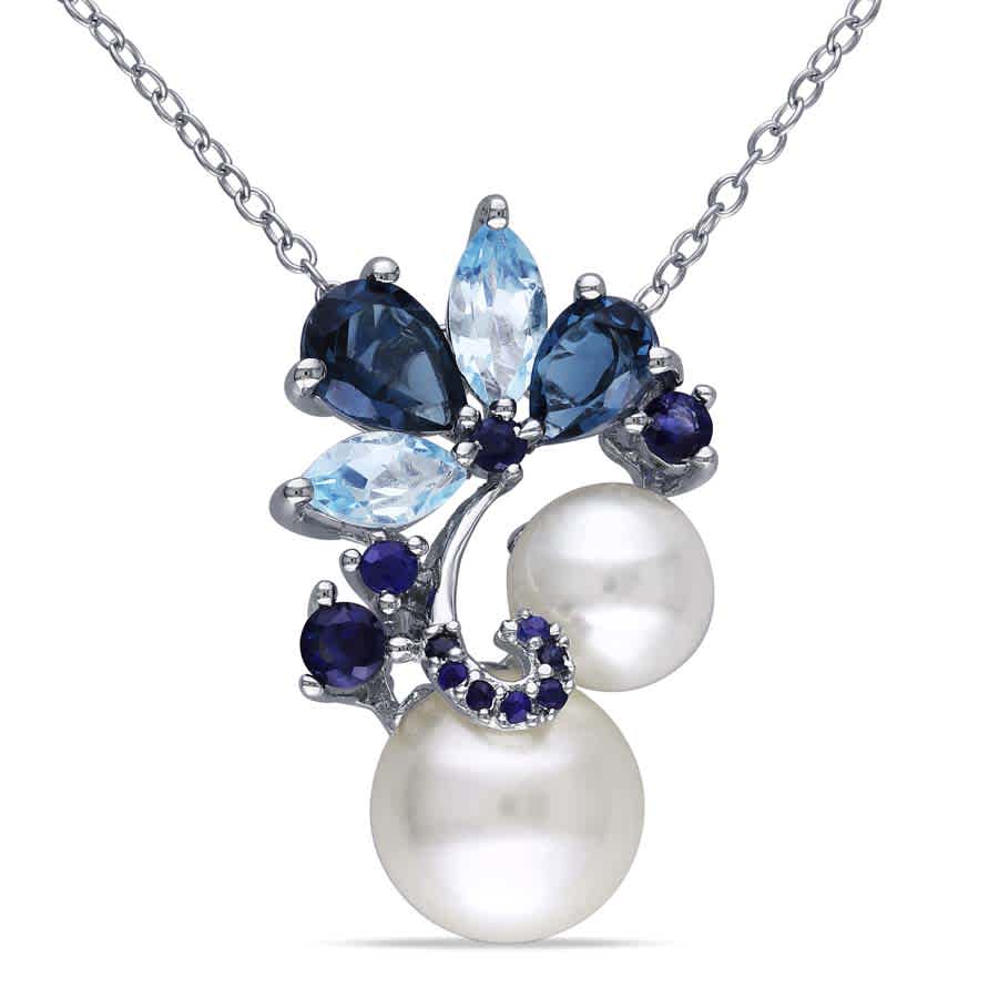 Amour Sterling Silver Cultured Freshwater Pearl Multi-stone Pendant In Two Tone / Blue / Silver / White