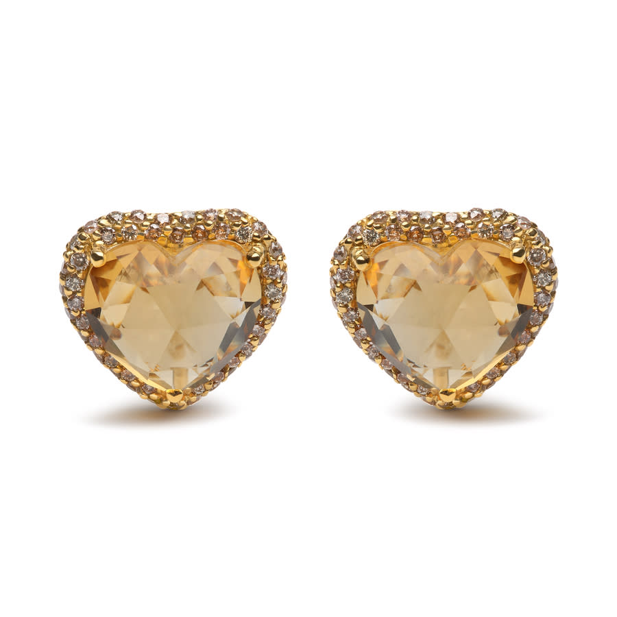 HAUS OF BRILLIANCE 18K YELLOW GOLD 2/3 CTTW BROWN DIAMONDS AND 11X11MM HEART-CUT YELLOW CITRINE GEMSTONE HALO HEART STU