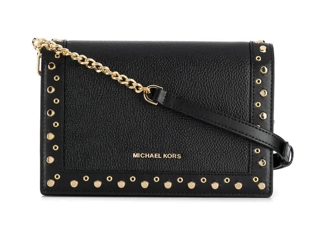 Michael Kors Ladies Black Jet Set Studded Pebbled Leather Crossbody Bag