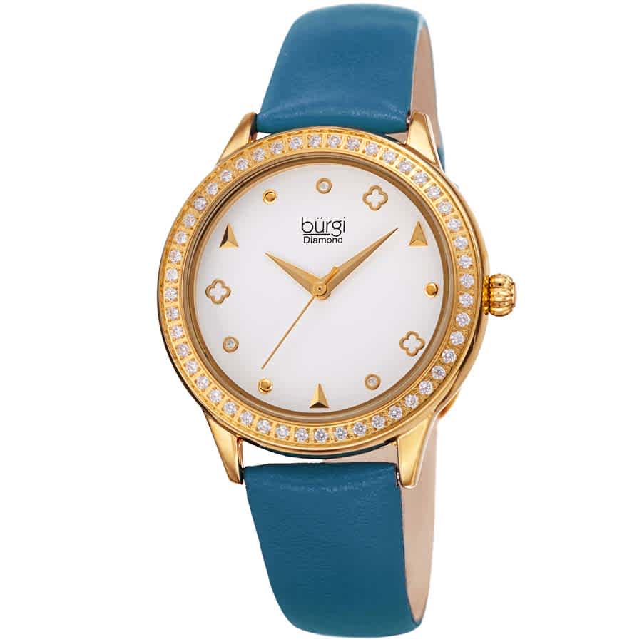 Burgi Diamond White Dial Blue Leather Ladies Watch Bur221bu In Blue / Gold Tone / White / Yellow