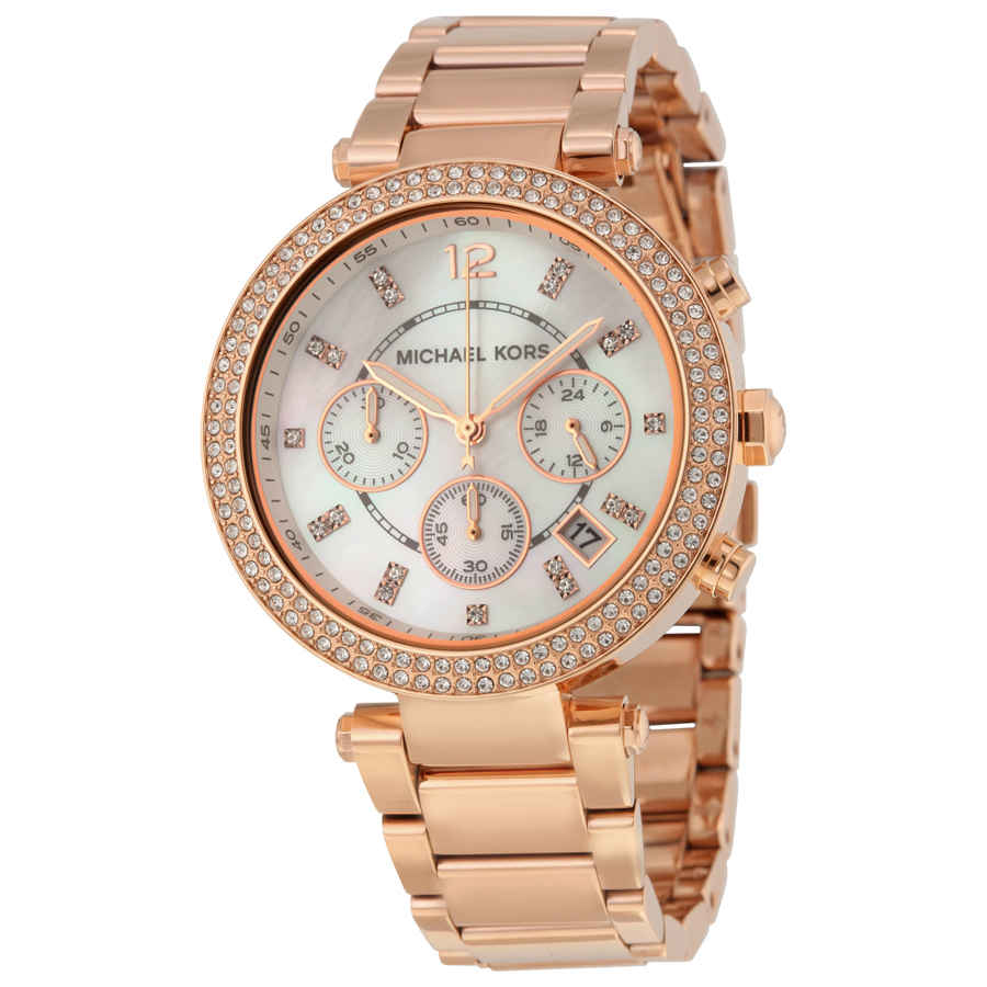 Click to view more detailed imagery on our partner's website Michael Kors Parker Chronograph Rose Gold-tone Ladies Watch Mk5491 In Gold Tone,mother Of Pearl,pink,rose Gold Tone,white