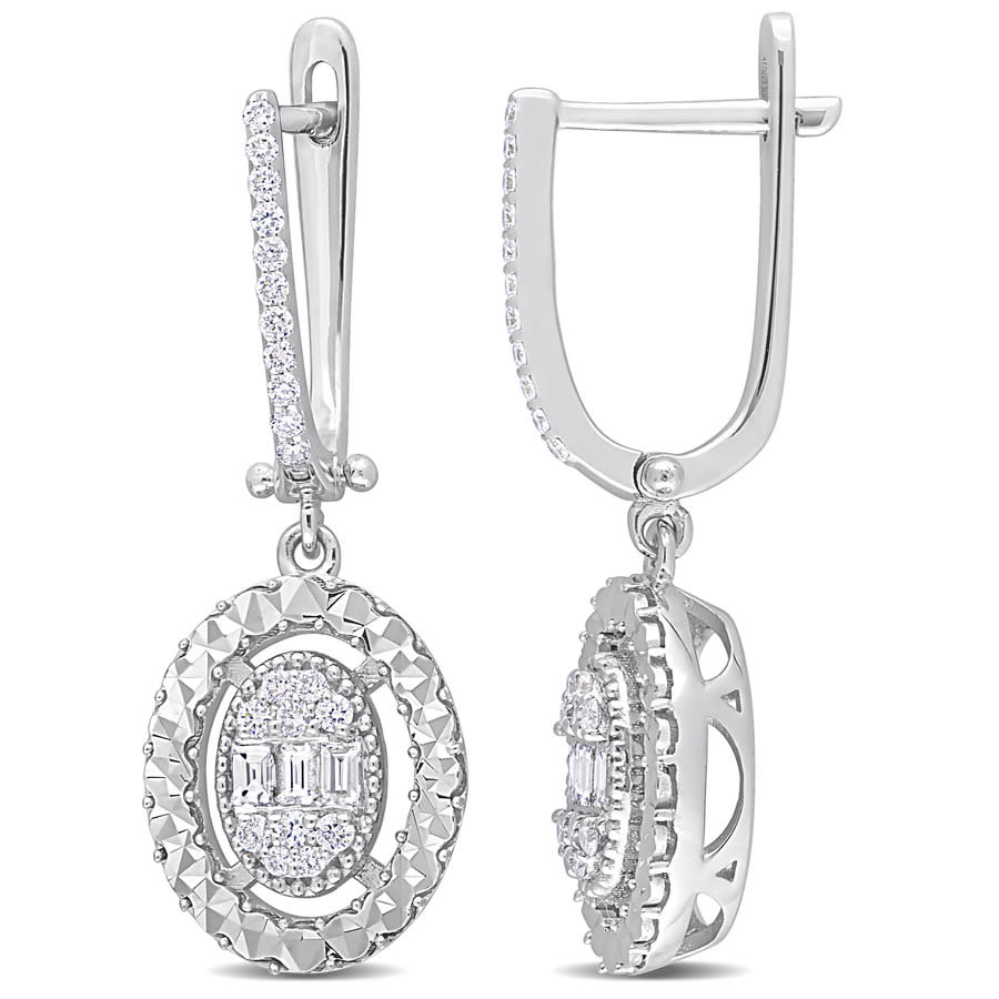 Amour 1/2ct Tdw Parallel Baguette And Round-shaped Diamonds Halo Drop Huggie Earrings In 14k White G