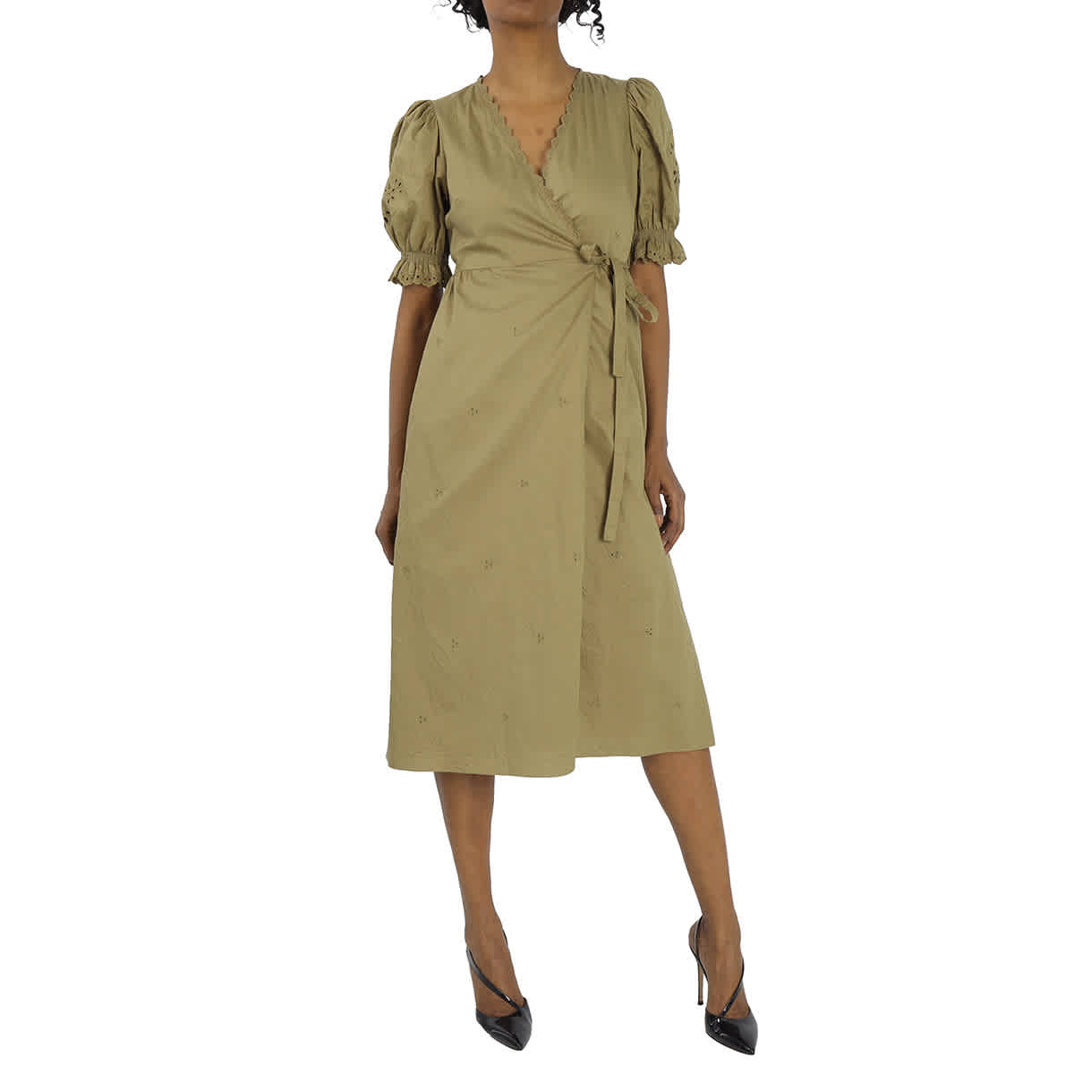 COACH COACH LADIES DARK OLIVE BRODERIE ANGLAISE WRAP DRESS