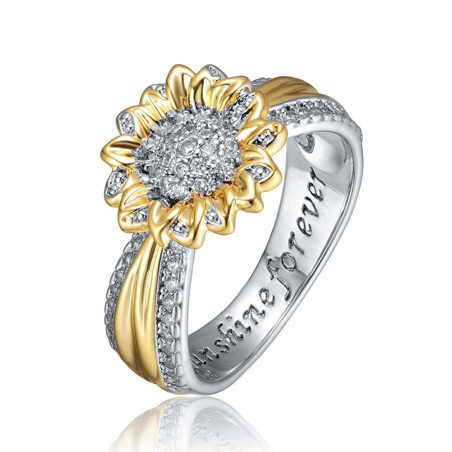 Rachel Glauber Rhodium And 14k Gold Plated Cubic Zirconia Nature Inspired Ring In Two-tone