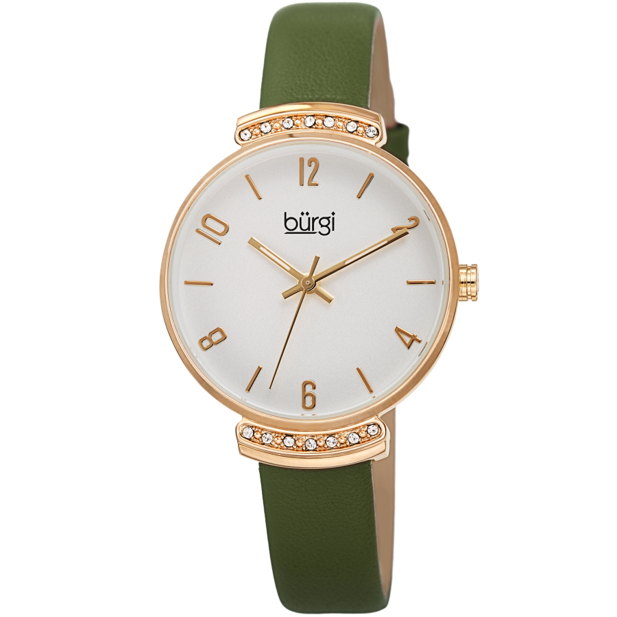 Burgi Quartz Crystal Silver Dial Green Leather Ladies Watch Bur254gn In Gold Tone / Green / Silver