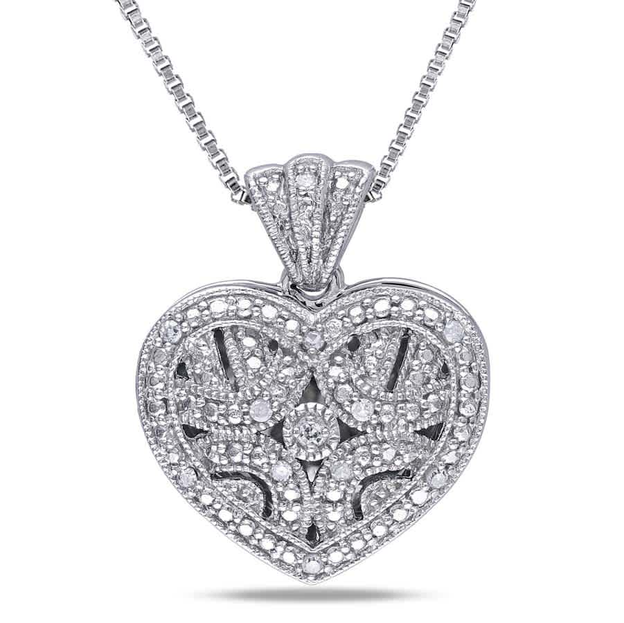 Amour Sterling Silver 0.06 Ct Diamond Heart-shape Locket Necklace Jms002669