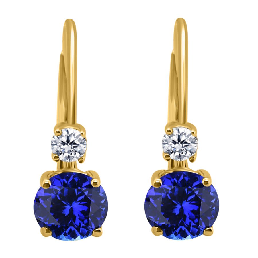 Maulijewels 14k Yellow Gold 1 Ct Tanzanite And 0.10 Ct Diamonddrop Lever-back Earrings In Blue