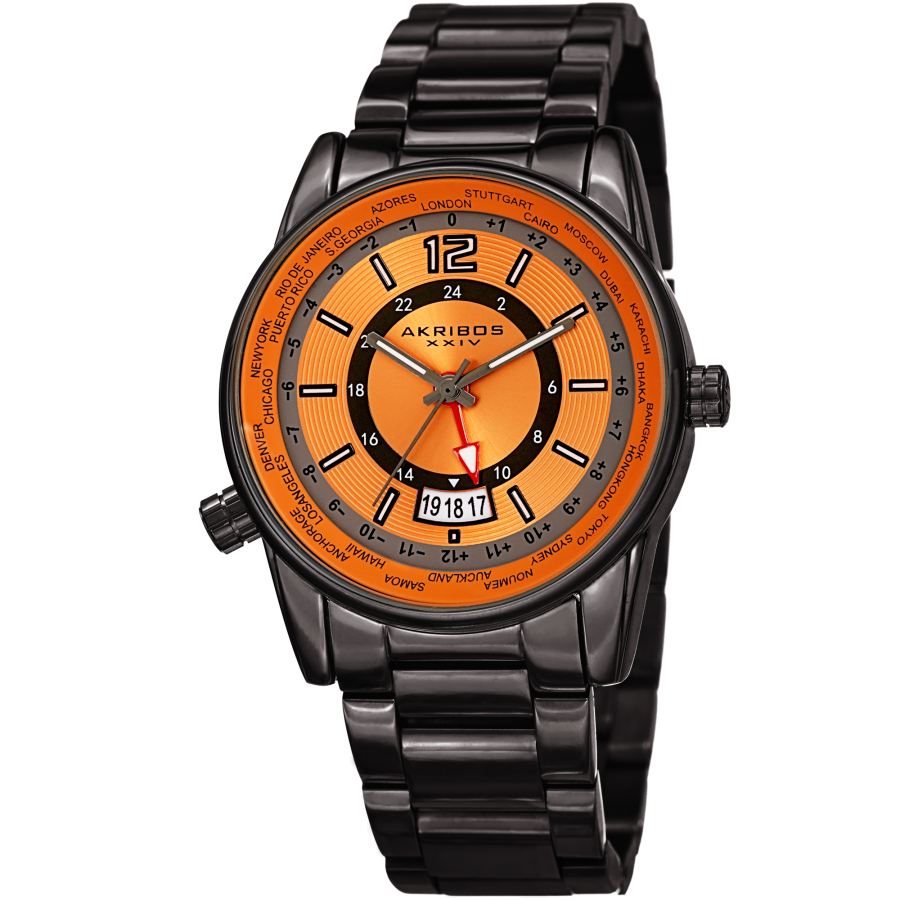 Akribos Xxiv World Time Quartz Orange Dial Mens Watch Ak1021gnor In Black,orange