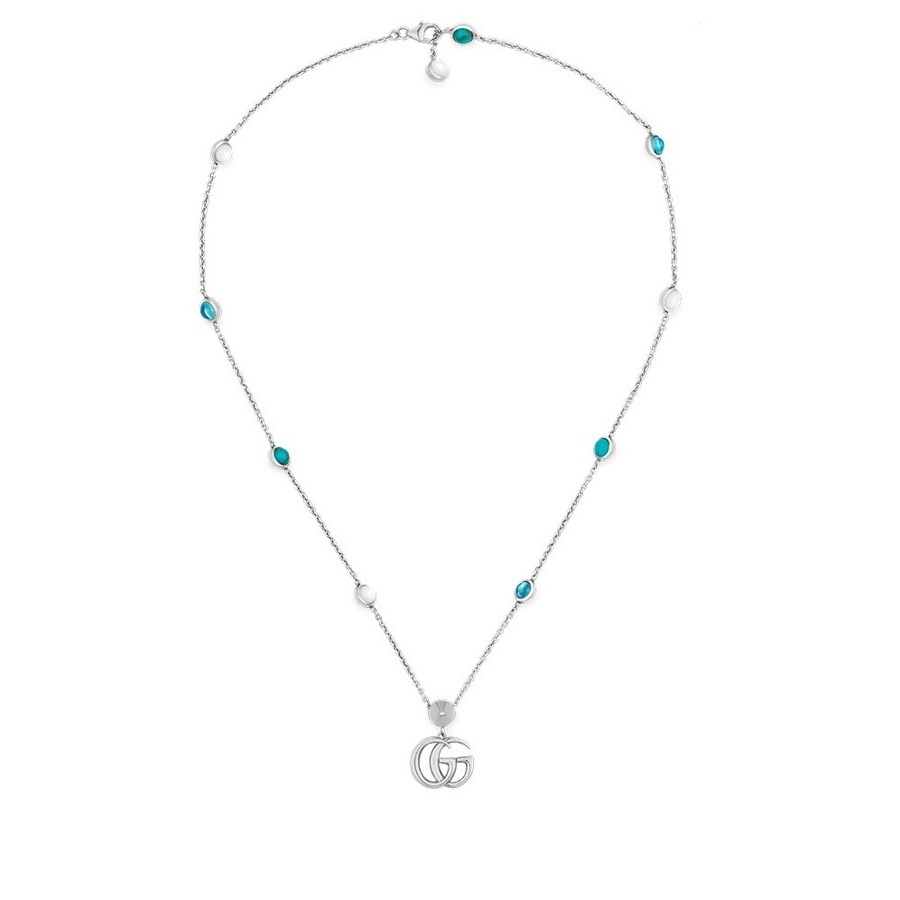 Shop Gucci Gg Marmont Mother Of Pearl & Topaz Double G Pendant Necklace In Blue