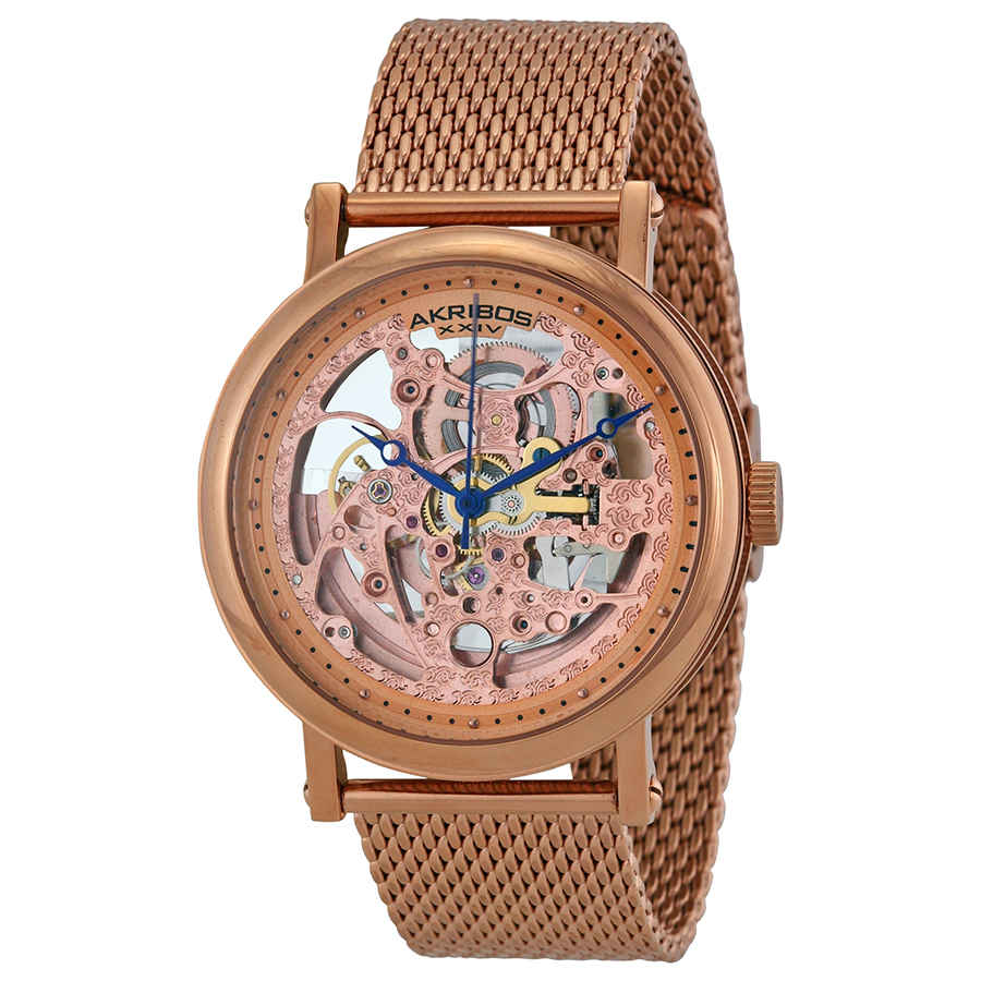 Akribos Xxiv Rose Transparent Dial Rose Gold-tone Mesh Mens Watch Ak732rg In Blue / Gold / Gold Tone / Rose / Rose Gold / Rose Gold Tone