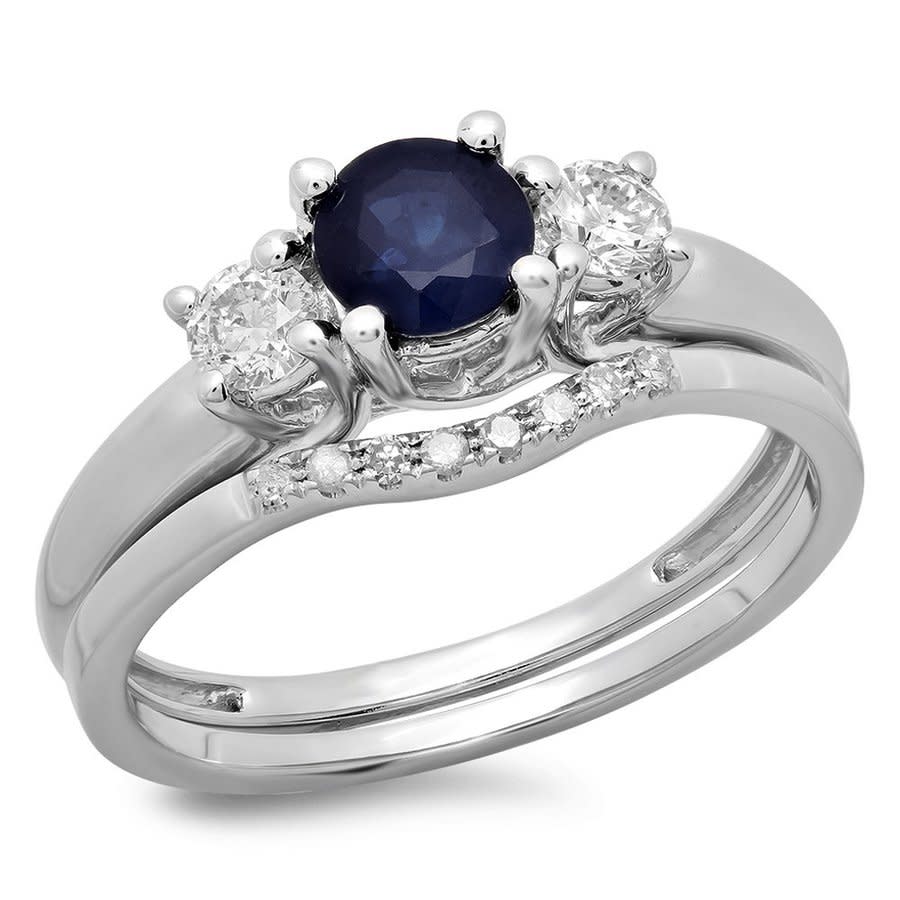 Dazzling Rock Dazzlingrock Collection 14k 5 Mm Round Blue Sapphire & Diamond Bridal 3 Stone Engagement Ring Set In Blue,gold Tone,white