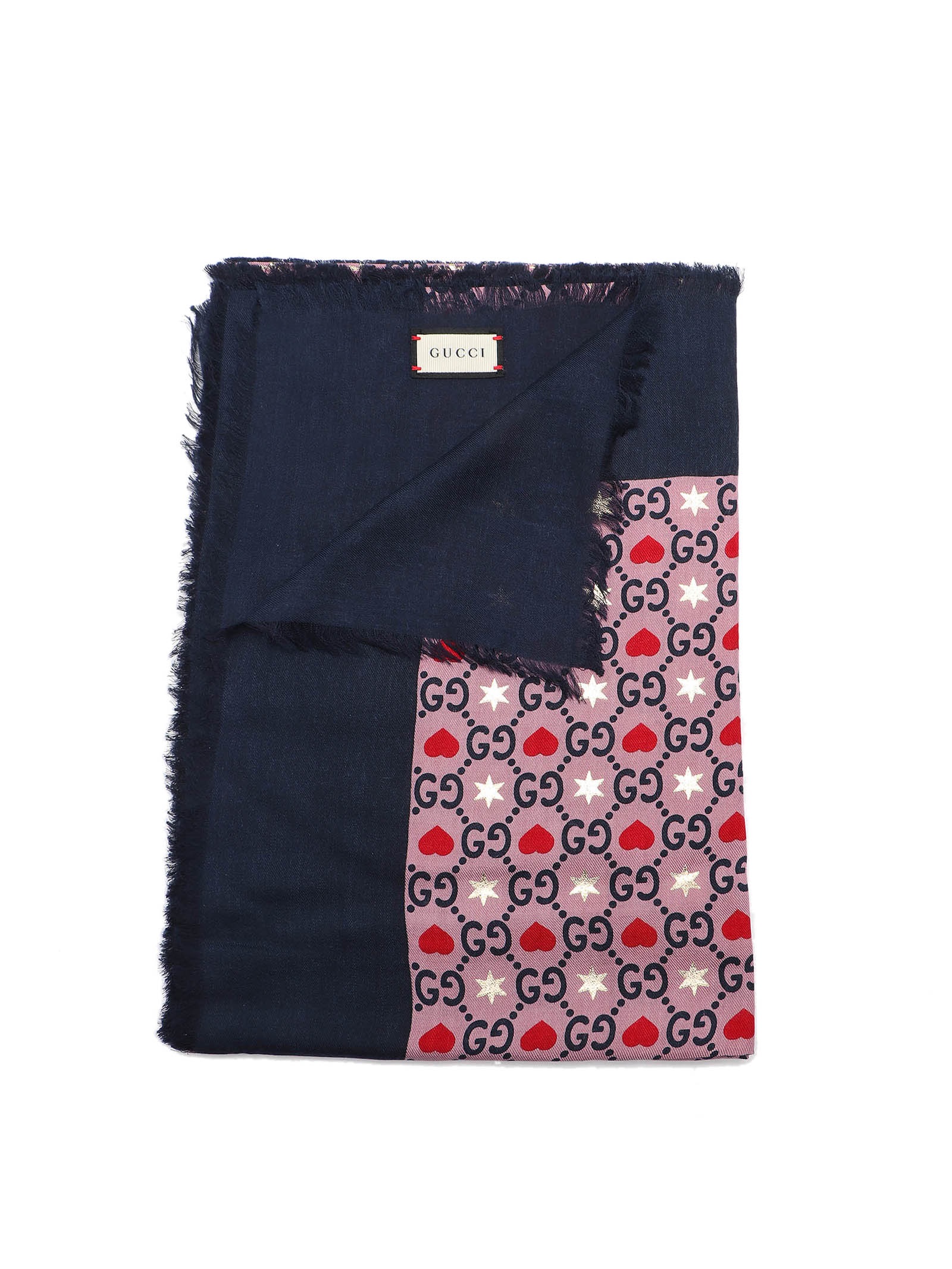 Gucci Heart-print Scarf In Blue,gold Tone,pink,red