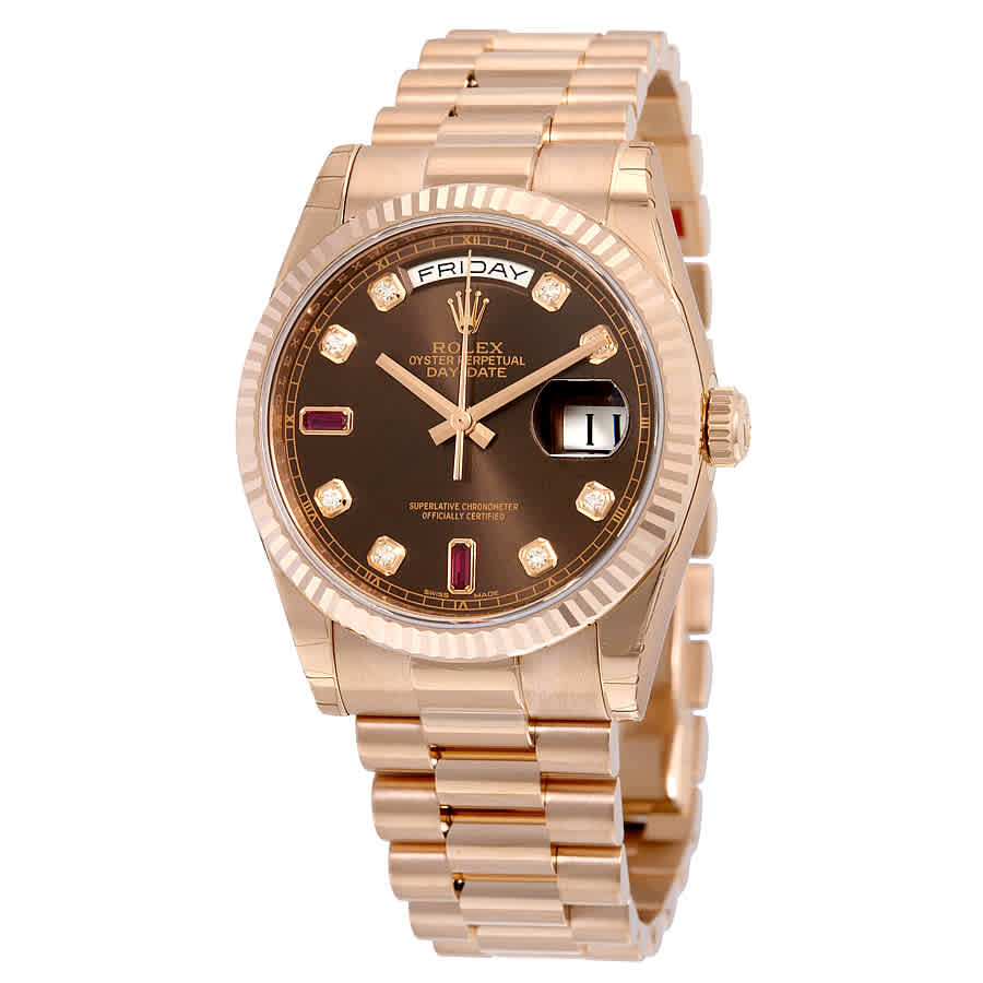 Rolex Day-date Chocolate Dial 18k Everose Gold President Automatic Unisex Watch 118235chodrp In Chocolate / Gold / Gold Tone / Rose / Rose Gold / Rose Gold Tone / Ruby