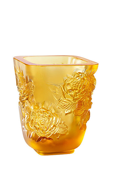 LALIQUE LALIQUE SMALL AMBER CRYSTAL PIVOINES VASE