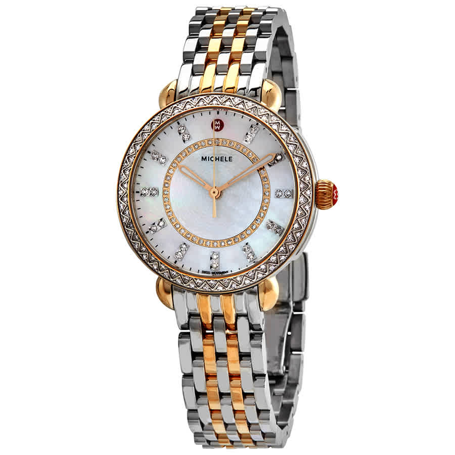 Michele Sidney Classic White Mother Of Pearl Diamond Dial Ladies Watch Mww30b000002 In Two Tone  / Gold Tone / Mother Of Pearl / White