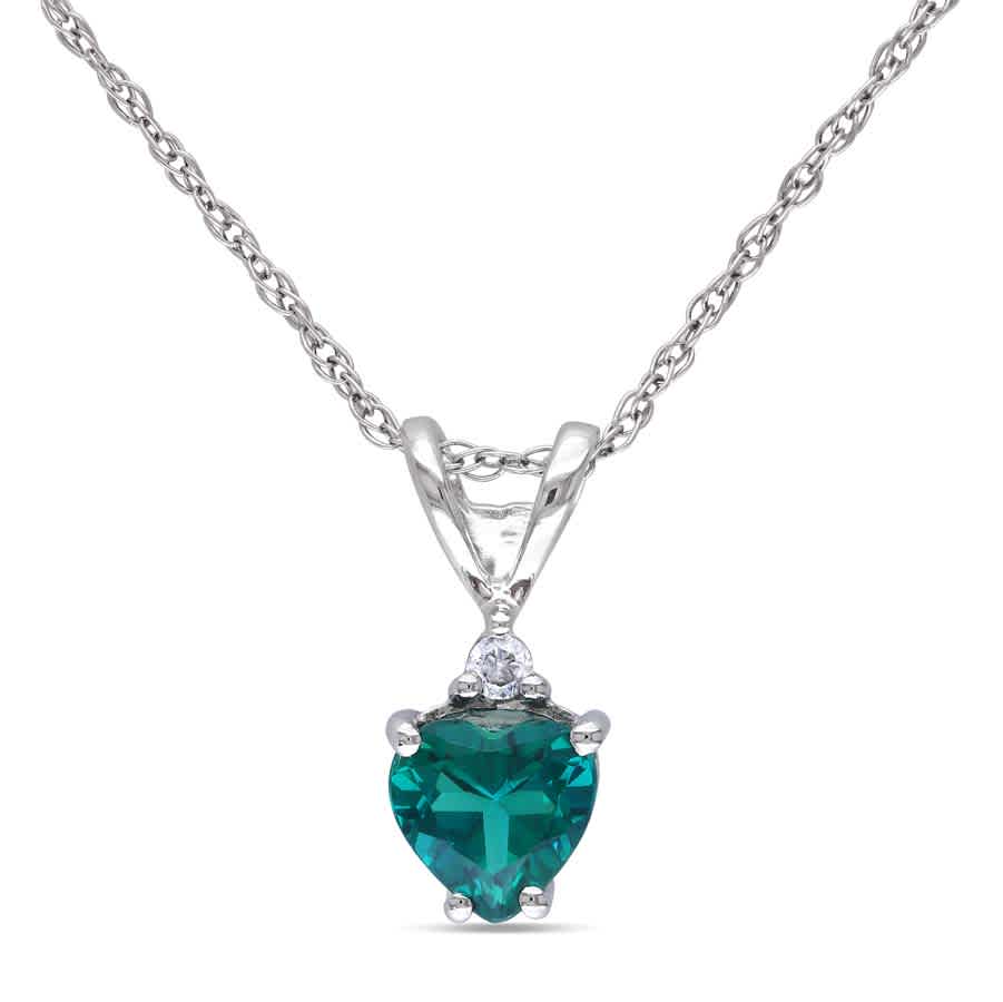 Amour 10k White Gold Emerald And Diamond Necklace Jms002678 In Silver