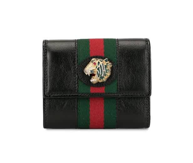 Gucci Leather Black Leather Rajah Wallet In Black,gold Tone,green,red