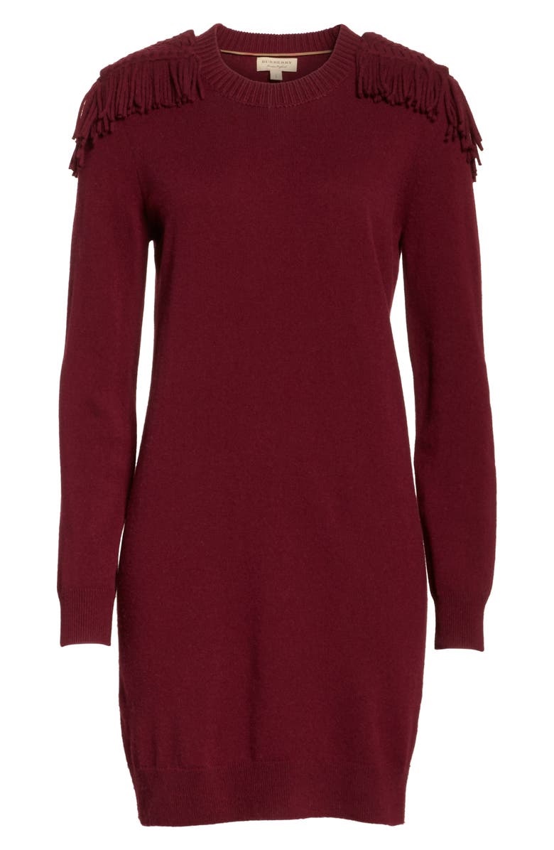 BURBERRY NETO WOOL AND CASHMERE FRINGE SWEATER DRESS IN BURGUNDY
