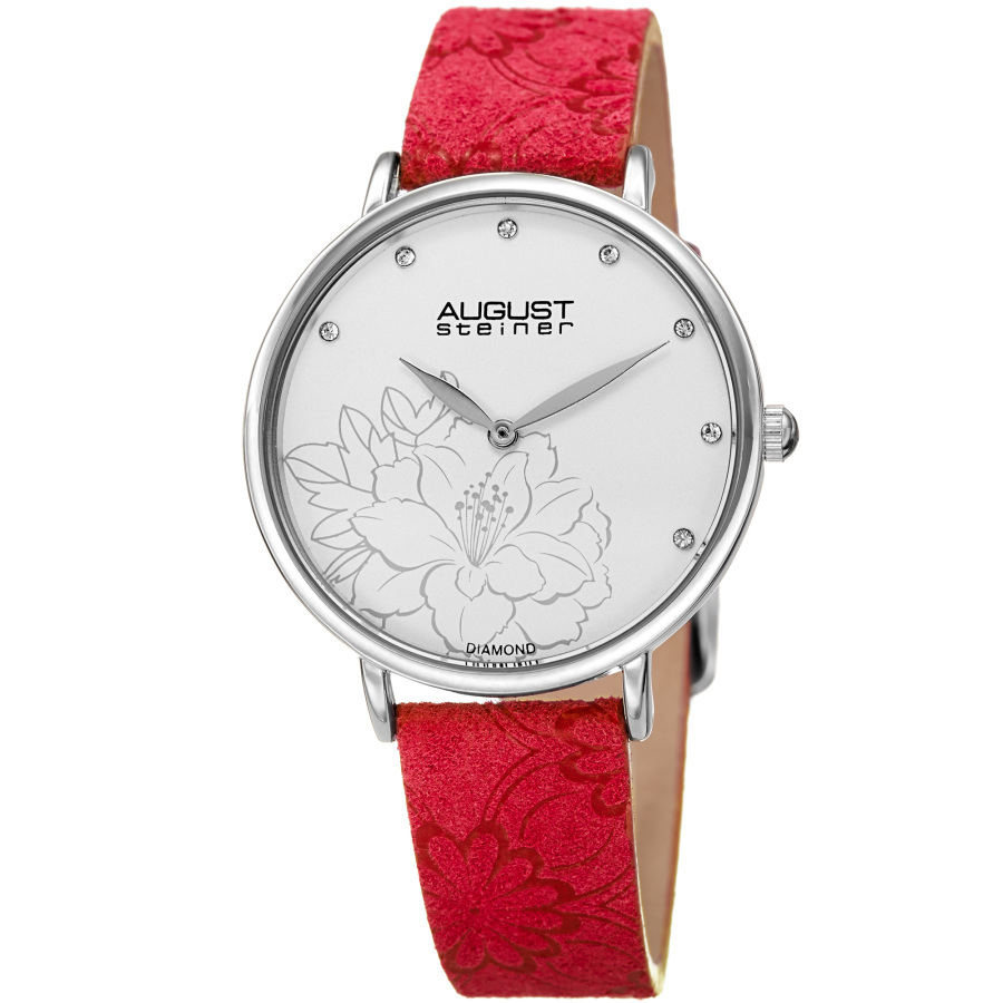 August Steiner Quartz Diamond Silver Dial Ladies Watch As8242rd In Red   / Silver