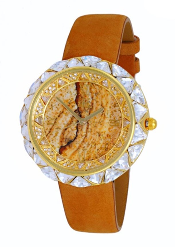 Adee Kaye Brown Dial Ladies Crystal Watch Ak9710-lgbr In Brass / Brown / Gold Tone