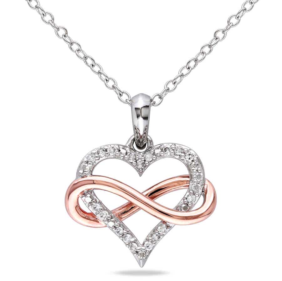 Amour 1/10 Ct Tw Diamond Infinity Heart Pendant With Chain In 2-tone Pink And White Sterling Silver In Pink / Silver / Spring / White