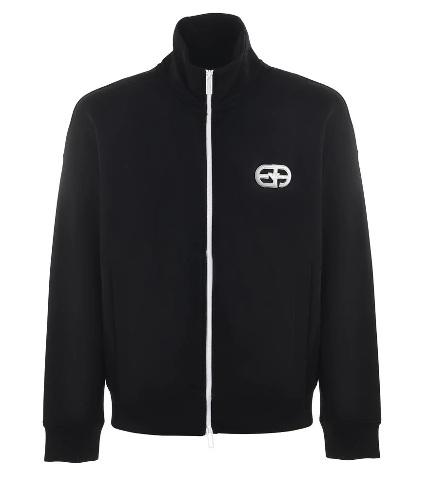 EMPORIO ARMANI MENS BLACK LOGO PATCH ZIPPED SWEATSHIRT, SIZE LARGE