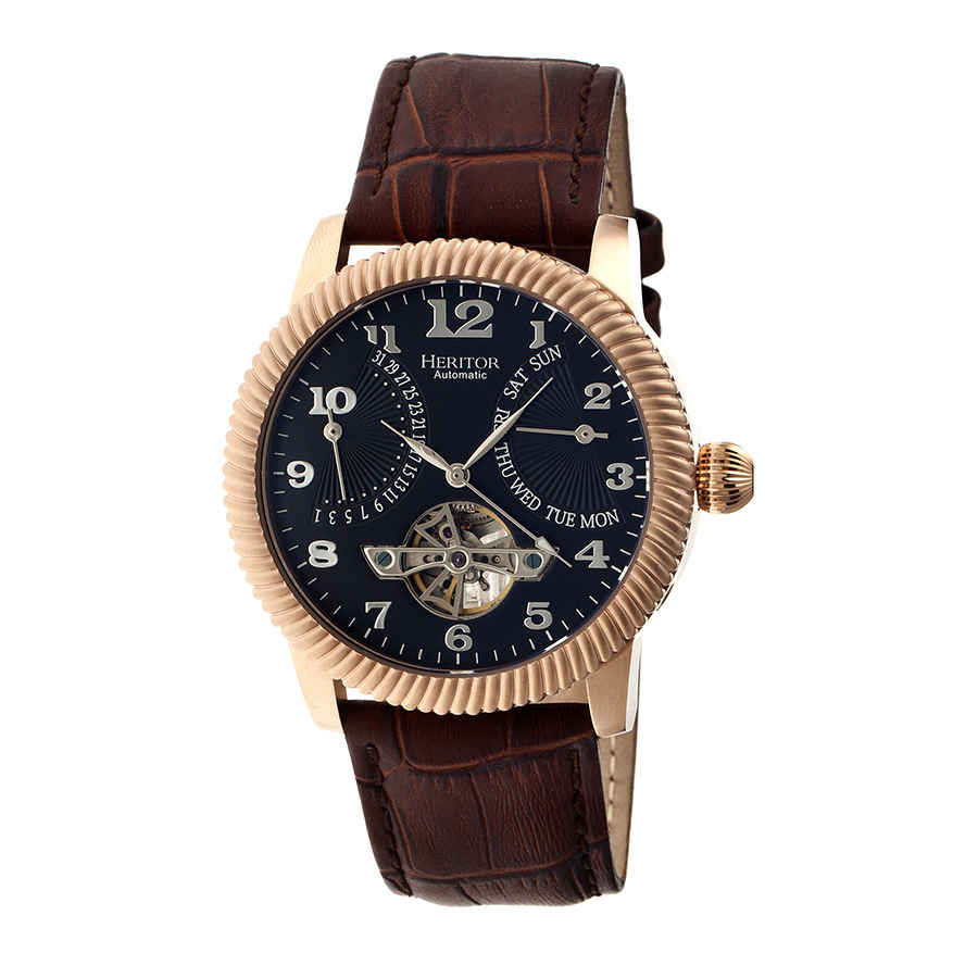 Heritor Piccard Automatic Black Dial Brown Leather Mens Watch Hr2006 In Black,brown,gold Tone,pink,rose Gold Tone