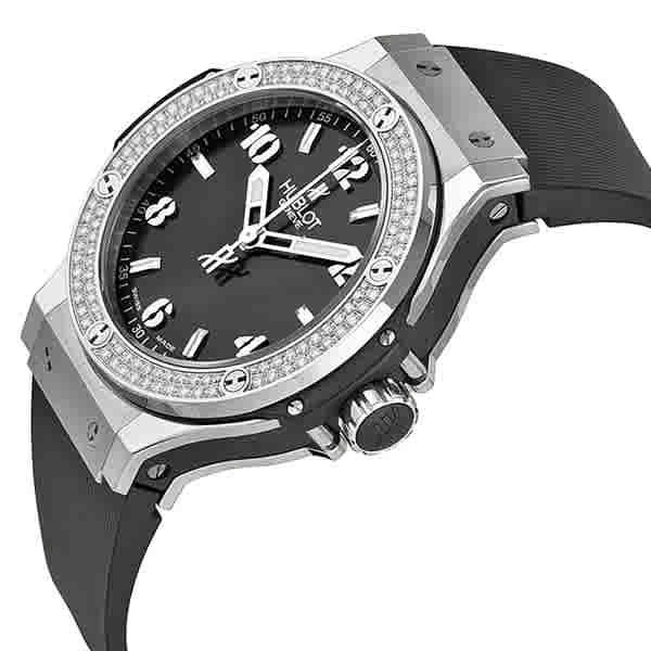 Shop Hublot Big Bang Black Dial Diamond Black Rubber Ladies Watch 361.sx.1270.rx.1104