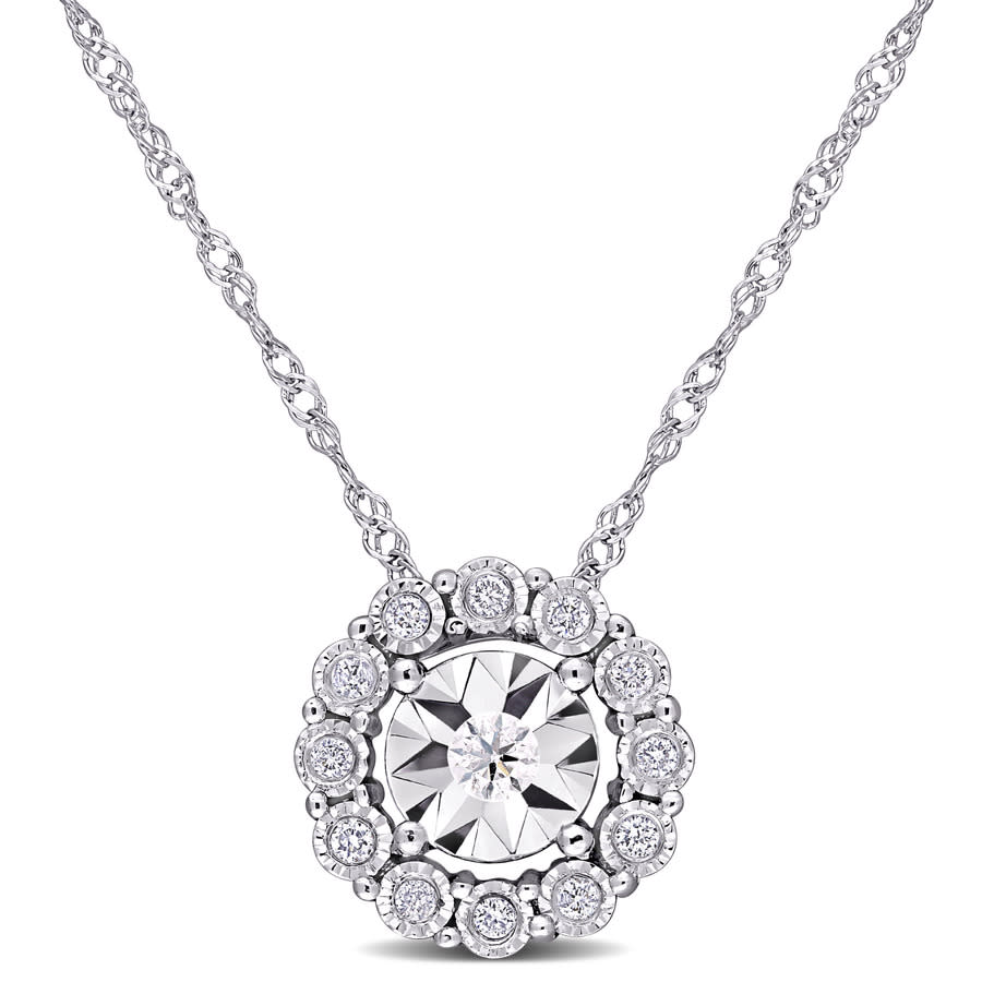 Amour 1/8 Ct Tw Diamond Cluster Circular Pendant With Chain In 10k White Gold