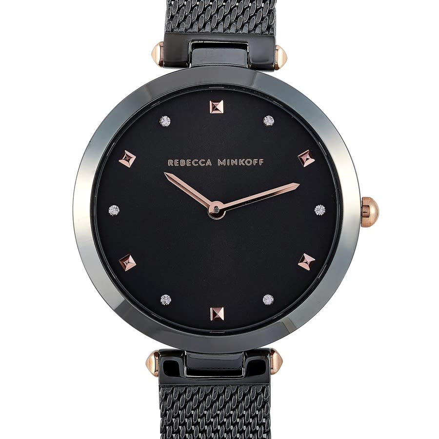 Shop Rebecca Minkoff Nina Quartz Crystal Black Dial Ladies Watch 2200302 In Black / Gold Tone / Rose / Rose Gold Tone