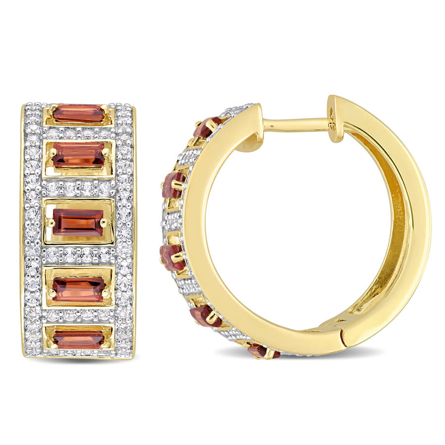 Amour 3 1/10 Ct Tgw Baguette Garnet And White Topaz Hoop Earrings In Yellow Plated Sterling Silver In Yellow