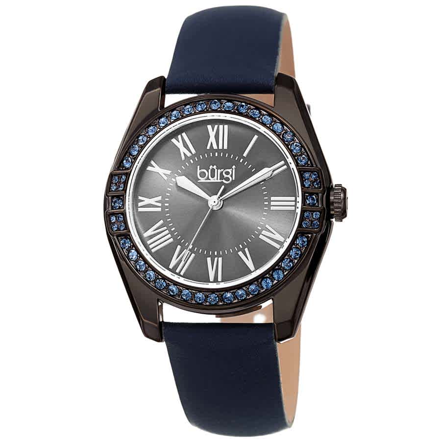 Burgi Gunmetal Grey Dials Blue Leather Ladies Watch Bur206bu In Black / Blue / Grey / Gun Metal / Gunmetal