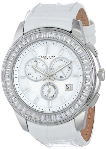 Akribos Xxiv Akribos White Mother Of Pearl Dial White Leather Ladies Watch Ak621ssw In Mother Of Pearl,white