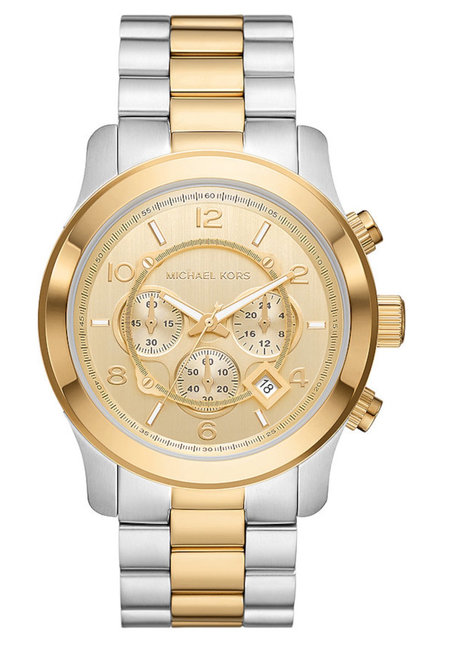 Michael Kors Unisex Runway Chronograph Two-tone Stainless Steel Bracelet Watch, 45mm In Two Tone  / Gold / Gold Tone