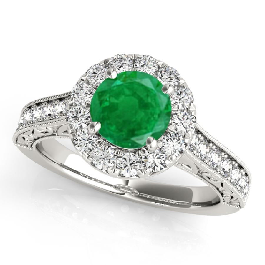 Maulijewels 14k White Gold Gemstone And Diamond Ring With 1.40 Carat Round Shape Emerald And Diamonds