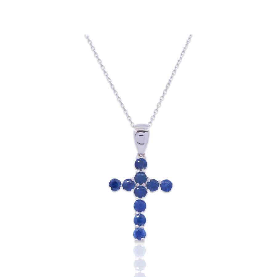 Shop Tresorra 18k White Gold Sapphire Cross Necklacelength: 16 Inches