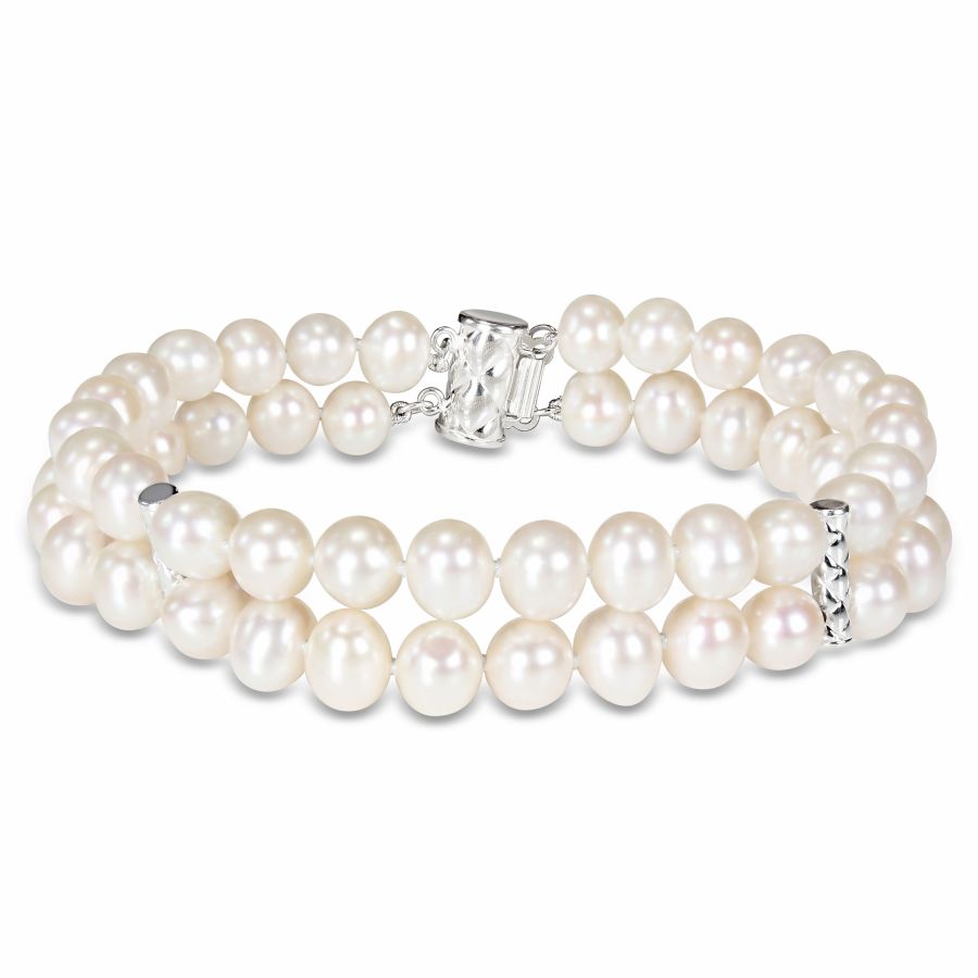 Amour Cultured Freshwater Pearl Double-row Bracelet With Sterling Silver Dividers And Clasp In White