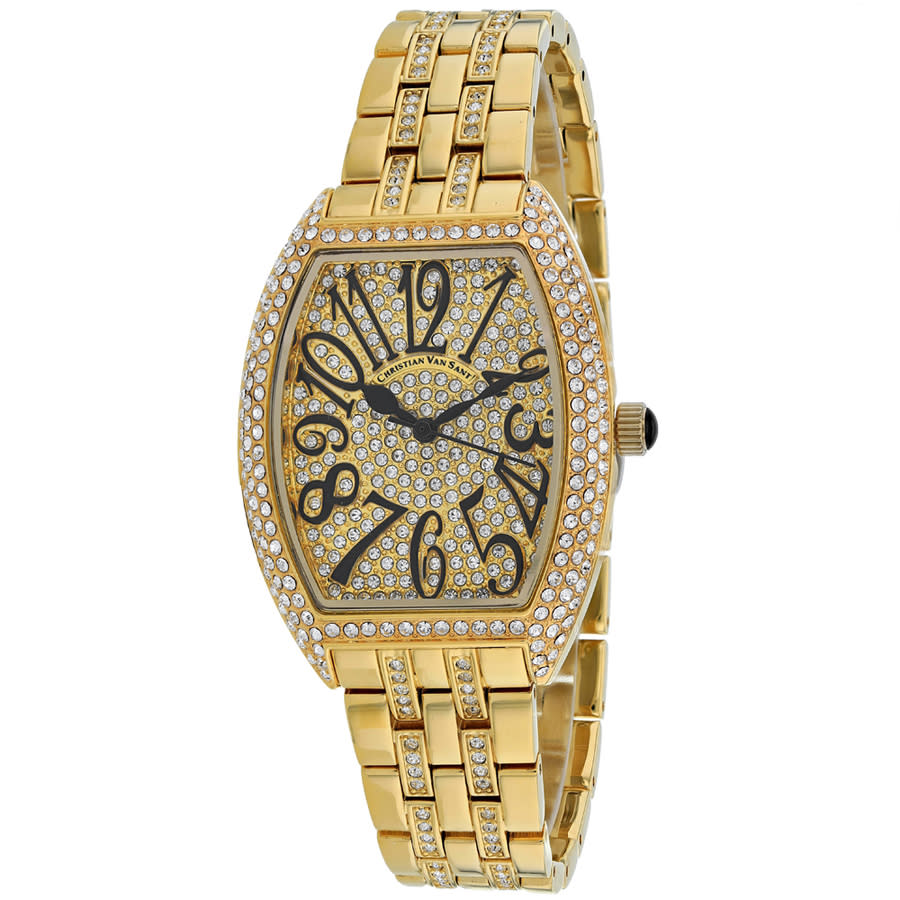 Shop Christian Van Sant Elegant Sparkle Quartz Gold Dial Ladies Watch Cv0261 In Black / Gold / Gold Tone / Yellow