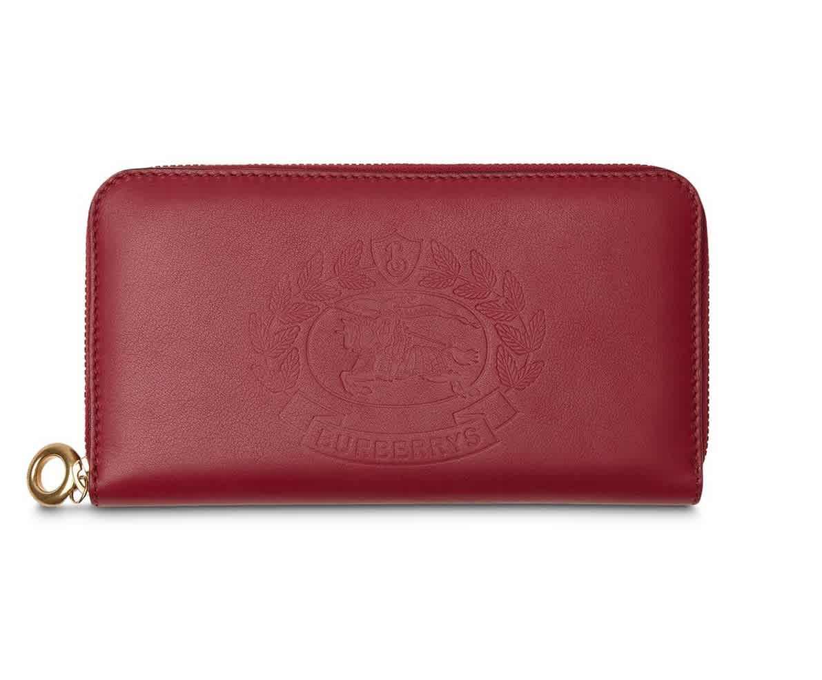 BURBERRY CRIMSON EMBOSSED CREST TWO-TONE LEATHER ZIPAROUND WALLET