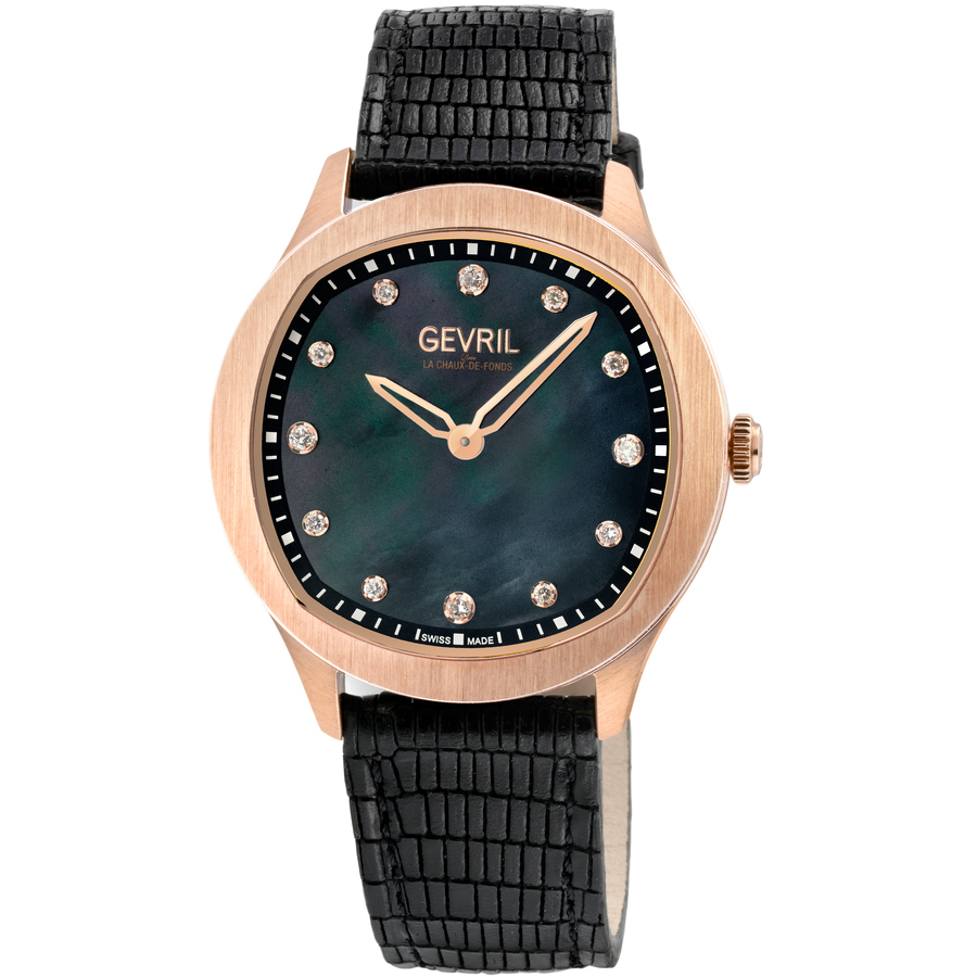 Gevril Morcote Diamond Mother Of Pearl Dial Ladies Watch 10057 In Black / Gold Tone / Mop / Mother Of Pearl / Rose / Rose Gold Tone