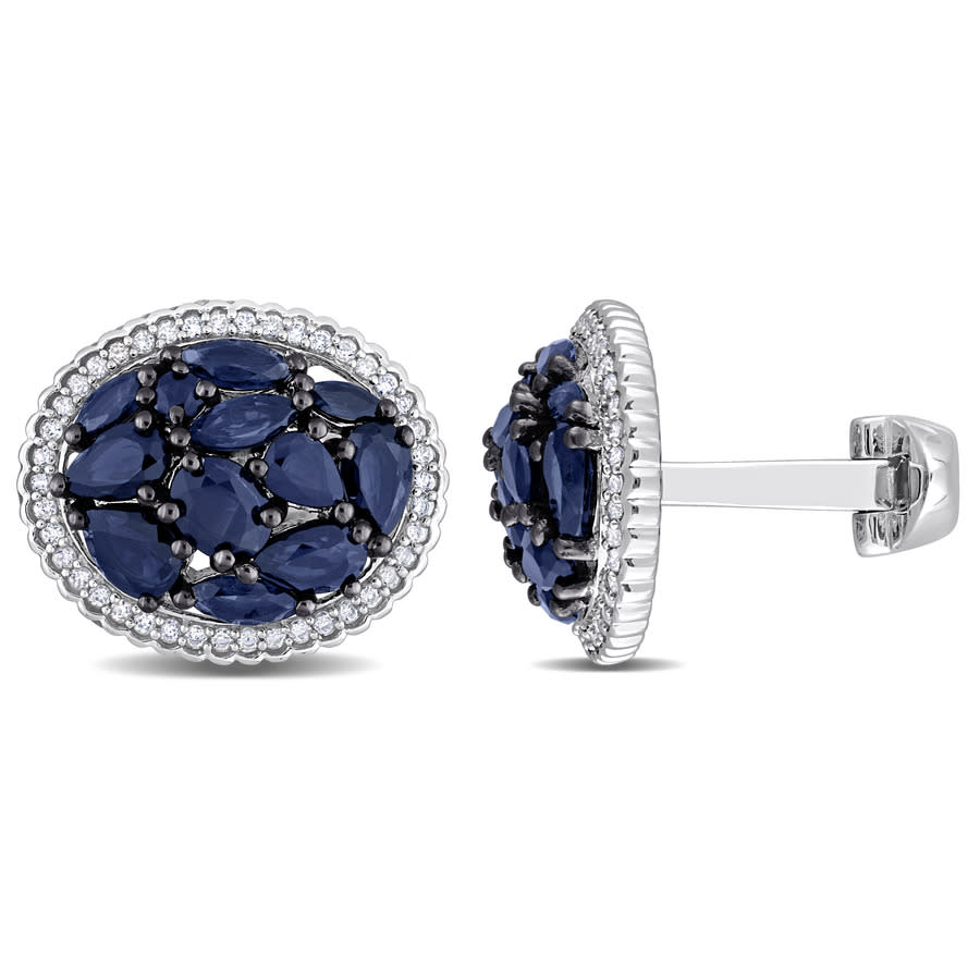 Amour 6 Ct Tgw Blue And White Sapphire Cufflinks In Sterling Silver Black Rhodium Plated In White