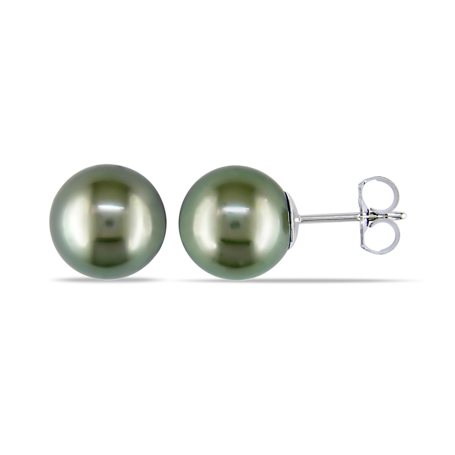 Amour 9 Mm Tahitian Pearl Stud Earrings In 14k White Gold In Black