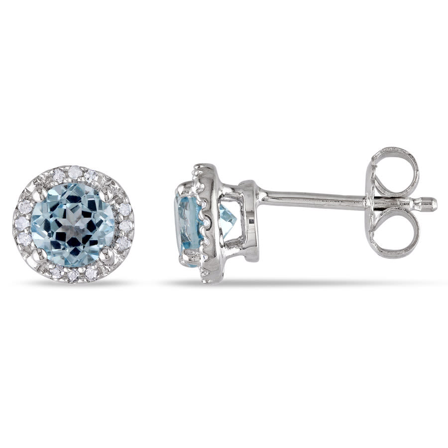 Amour Sterling Silver 1.06 Ct Tgw Sky Blue Topaz And 0.07 Ct Tgw Diamond Halo Stud Earrings In White