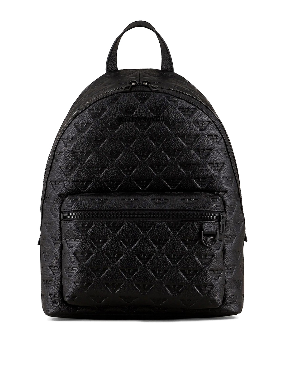 Round leather backpack with all-over embossed eagle